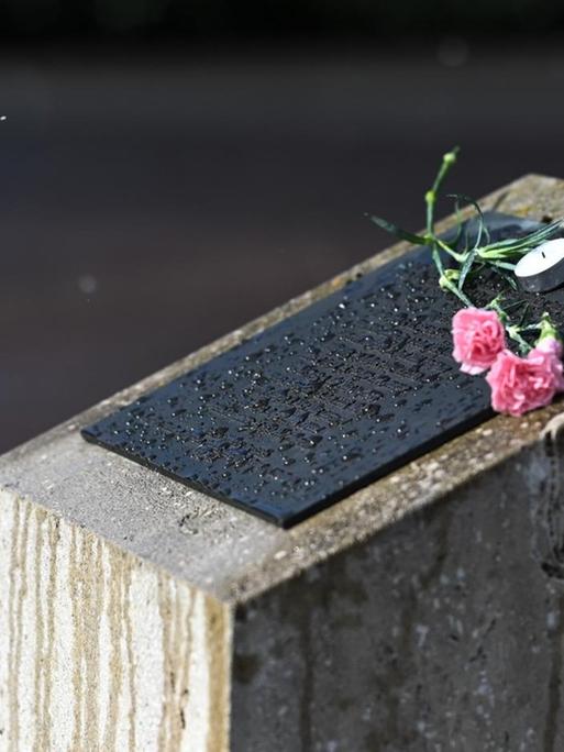 Nelken liegen auf dem Gedenkstein für die NSU-Opfer auf dem Halitplatz in Kassel.