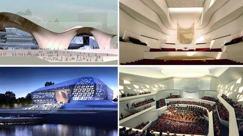 Die Kombo zeigt die Architektenentwürfe "Die Wellen" (oben) und "Der Diamant" für das neue Festspielhaus in Bonn (Handouts).