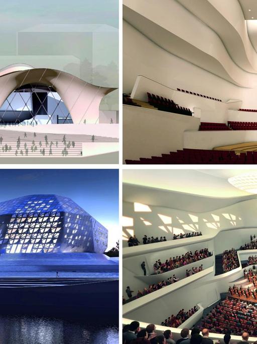 Die Kombo zeigt die Architektenentwürfe "Die Wellen" (oben) und "Der Diamant" für das neue Festspielhaus in Bonn (Handouts).