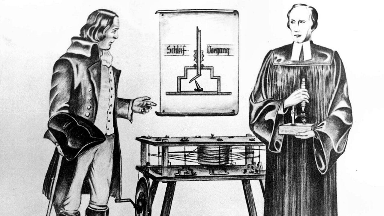 Historische Darstellung von Samuel Christoph Wagener und Johann Heinrich August von Duncker neben der Vielschleifmaschine.