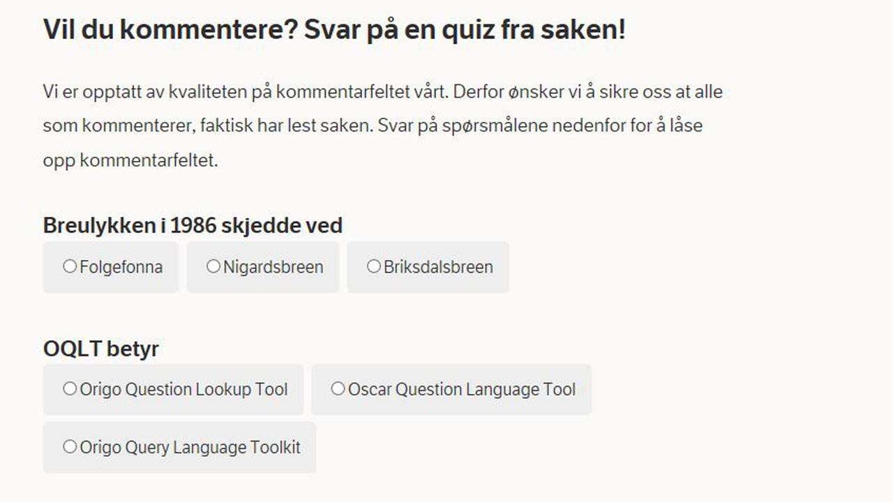 Auf dem Blog NRKbeta sind bei der Kommentarfunktion eines Beitrags Multiple-Choice-Fragen zu dem Text zu sehen.