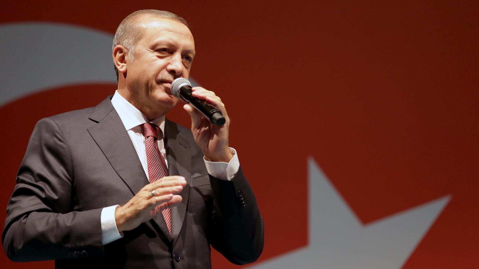 Sie sehen den türkischen Präsidenten Recep Tayyip Erdogan, er hält ein Mikrofon in der Hand, hinter ihm eine Türkei-Fahne.