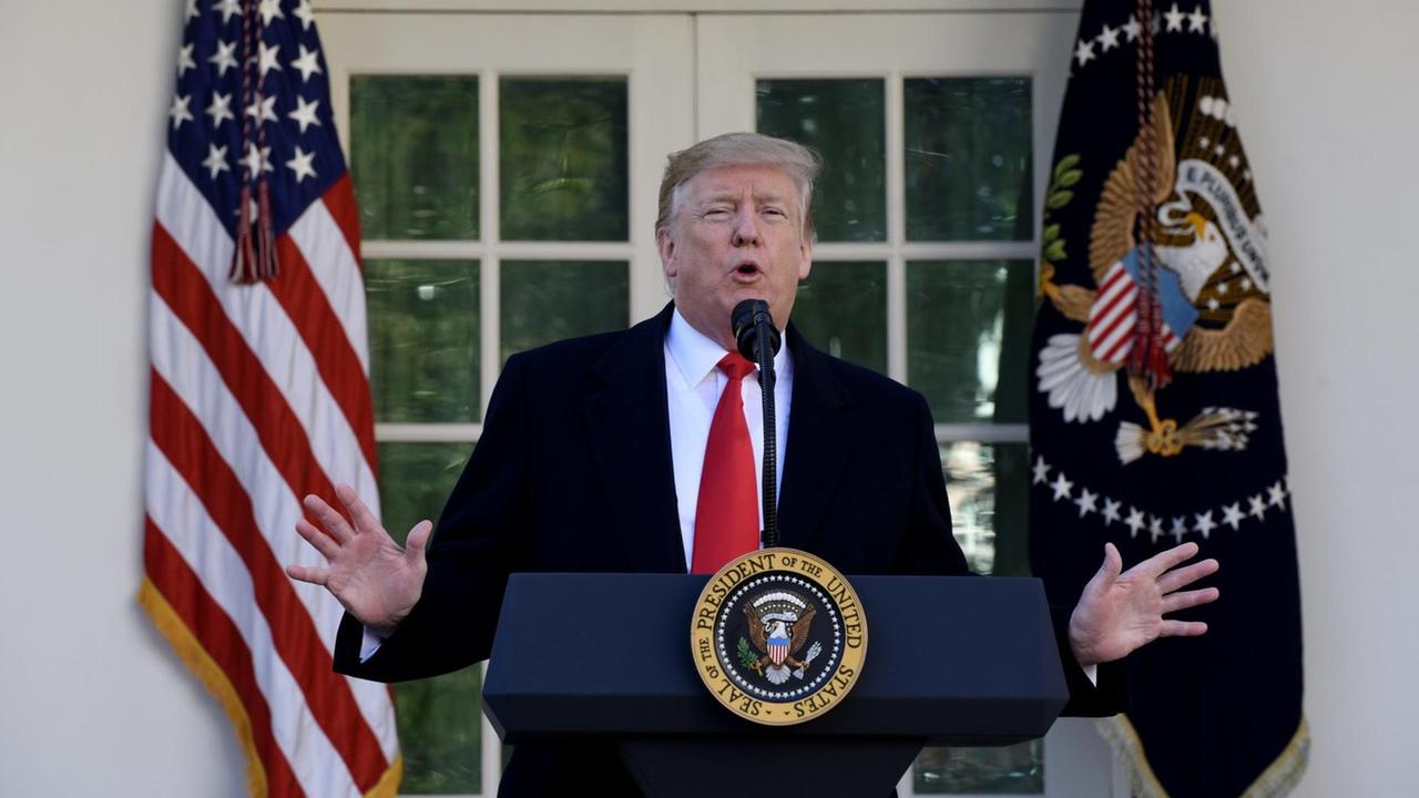 US-Präsident Donald Trump spricht im Rosengarten des Weißen Hause.