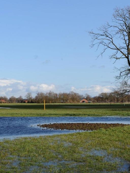 Eine Wiese nahe dem dem emsländischen Rhede (Niedersachsen) steht nach schweren Regenschauern weitläufig unter Wasser. Ein großer Anteil von landwirtschaftlichen Nutzflächen ist zur Zeit im Emsland durchnässt und aufgeweicht.