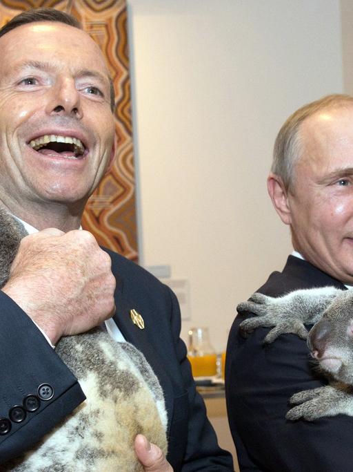 Australiens Premierminister Tony Abbott und Russlands Präsident Wladimir Putin halten beim G20-Gipfel in Brisbane/ Australien Koalabären auf dem Arm und freuen sich.