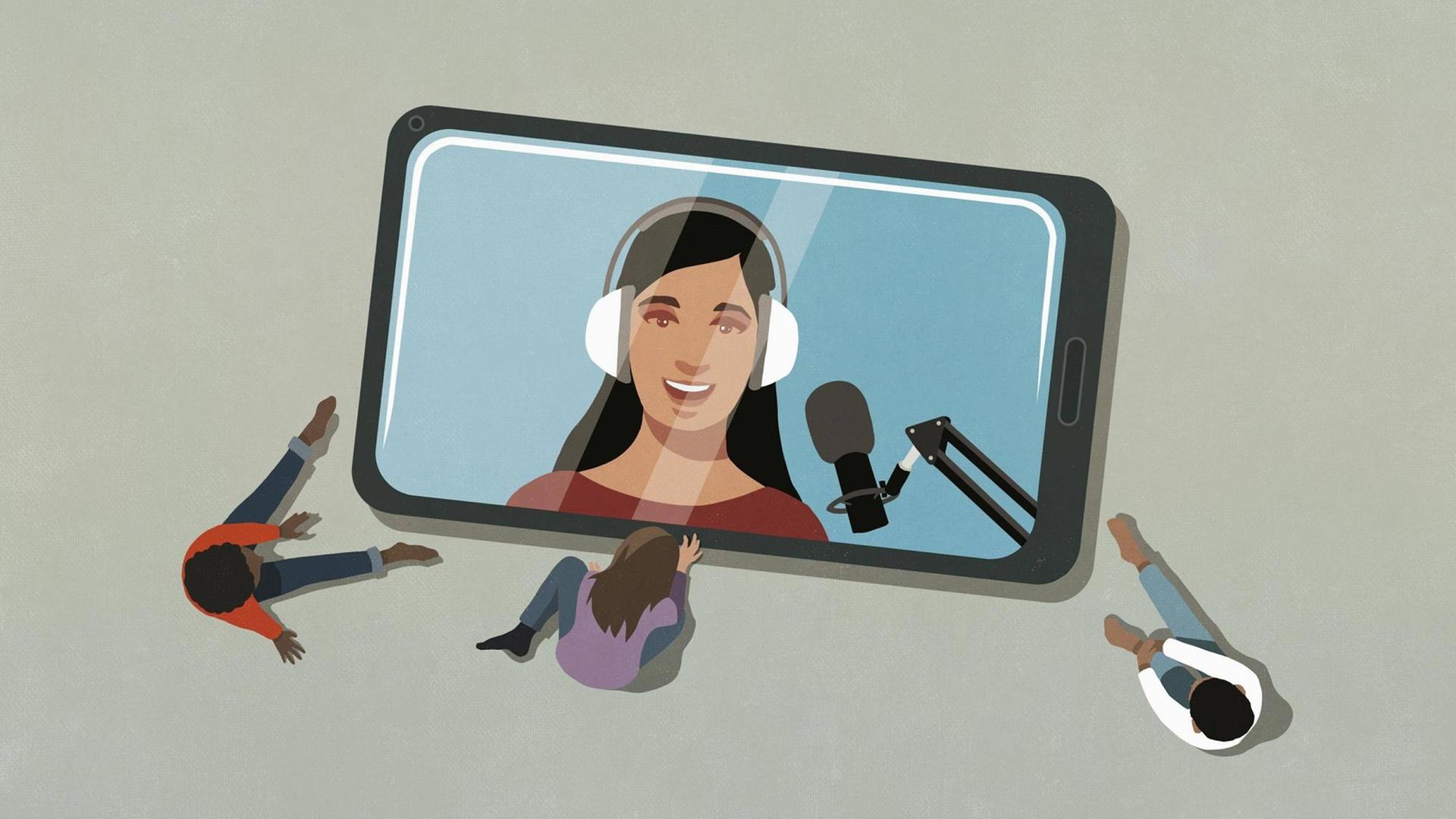 Auf dem Bild sieht man ein Smartphone-Bildschirm. Darauf ist eine Frau mit Kopfhörern und einem Mikrofon abgebildet. Um diesen Bildschirm versammeln sich Hörer*innen.