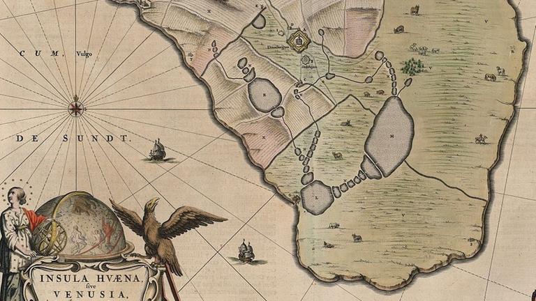 Historische Darstellung der Insel Ven (damals Hveen) im Öresund, auf der Sophie Brahe und ihr Bruder den Himmel beobachtet haben (Blaeu)