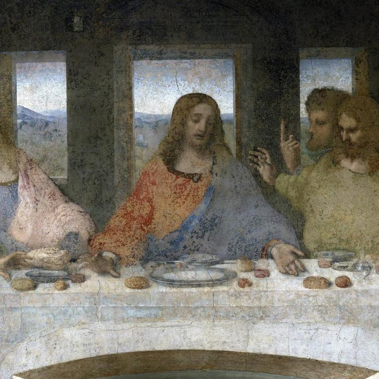 Detail des letzten Abendmahls, links die Apostel Judas, Petrus und Johannes, Christus in der Mitte und die Apostel Thomas, Jakobus der Große und Philippus darstellt in einem Fresko von Leonardo da Vinci (Leonardo da Vinci).
