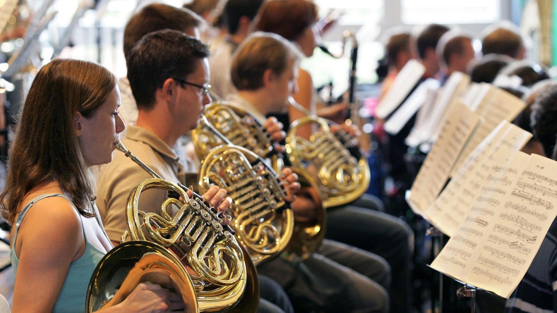 Hornbläser des Jungen Philharmonischen Orchesters Niedersachsen (JPON) proben in der Aula des Gymnasiums in Westerstede (Kreis Ammerland)