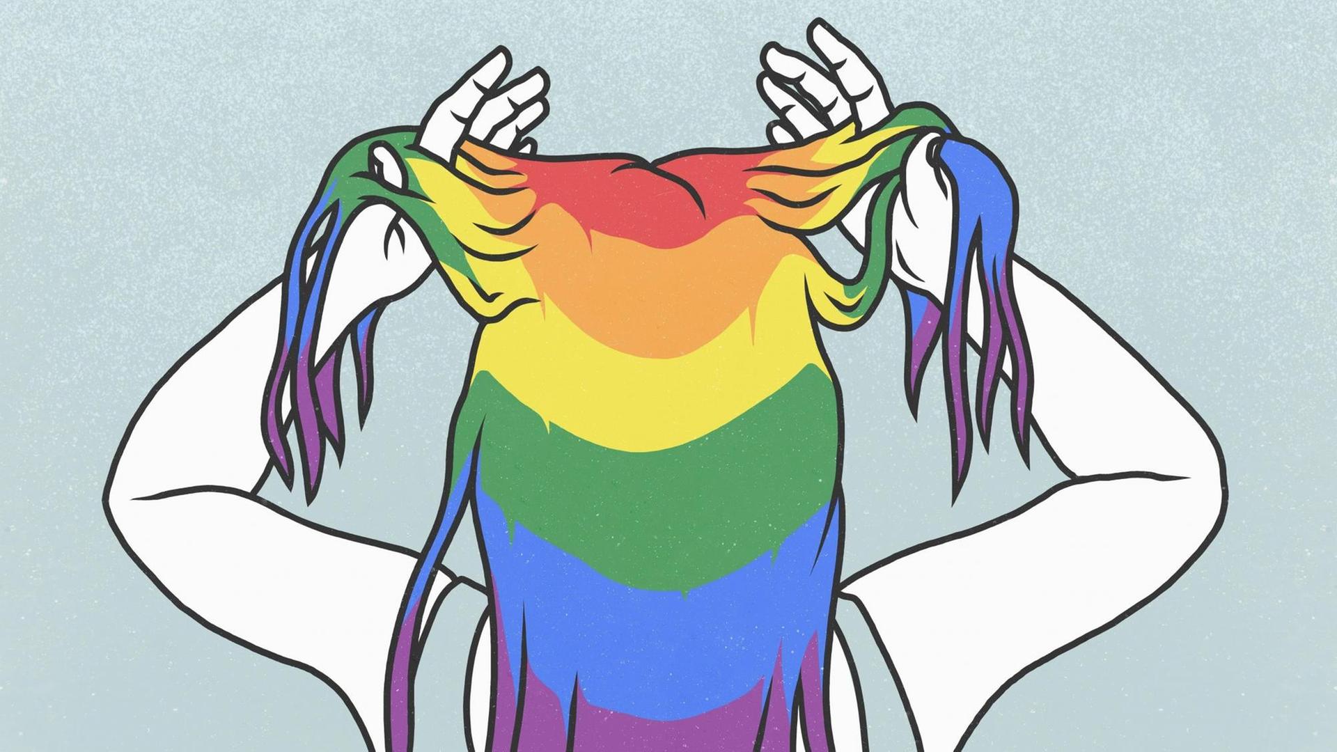 Zeichnung einer Frau von hinten, die sich mit ihren Händen durch ihr regenbogenfarbenes Haar fährt.