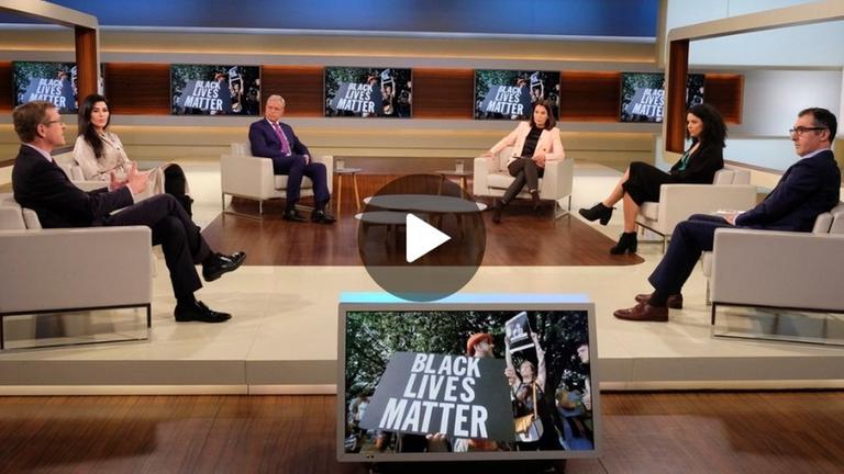 In ihrer Talkshow diskutierte Anne Will am 07.06.2020 über die US-Proteste gegen Rassismus mit (v.l.n.r.) Christoph von Marschall, Samira El Ouassil, Norbert Röttgen, Alice Hasters, Cem Özdemir, und Stefan Simons (zugeschaltet).