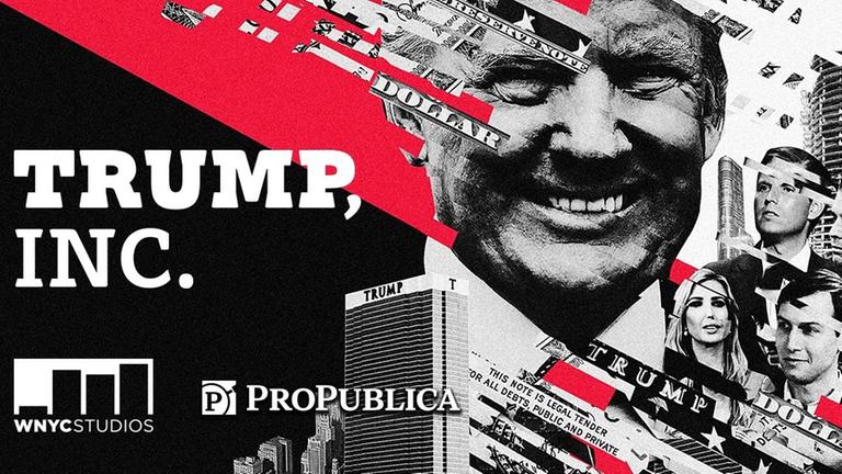 Das Titelbild des "Trump Inc"-Podcasts zeigt den US-Präsidenten, seine Tochter und sein Tower in rot.