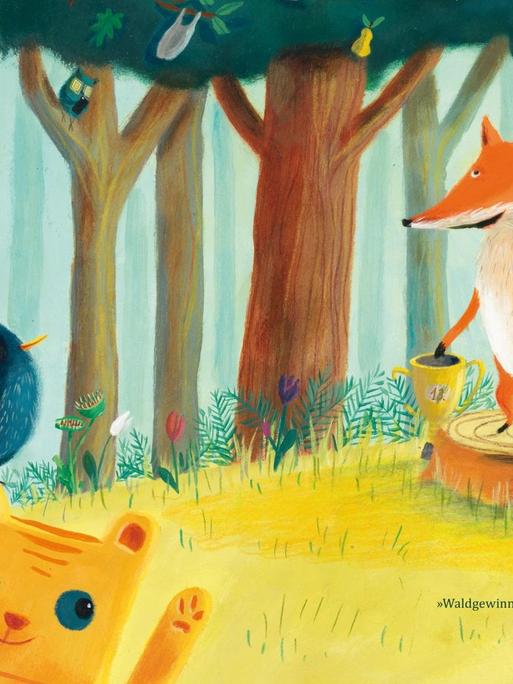 In der Illustration von Katharina Grossmann-Hensel sind Waldtiere zu sehen und ein Mädchen mit rotem Kleid. Der Fuchs hält eine Rede.