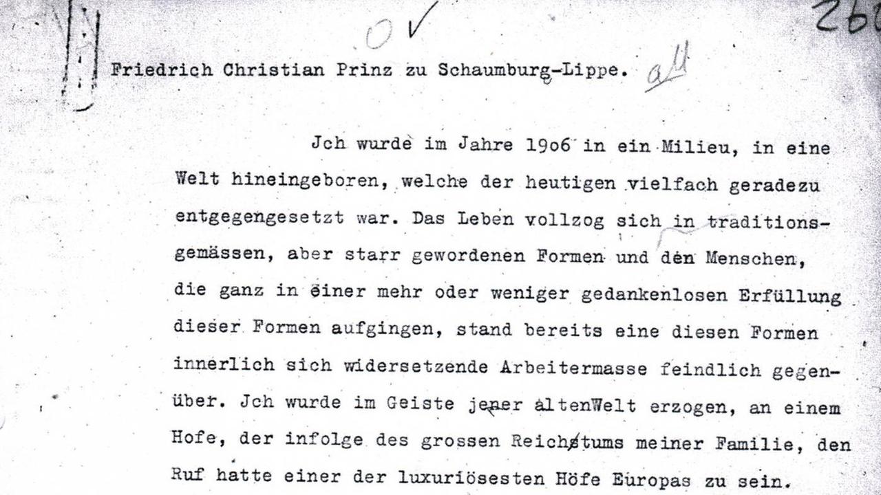 Erste Seite des Schreibens von Friedrich Christian Prinz zu Schaumburg-Lippe, der ebenfalls an dem Preisausschreiben teilnahm. Auszug aus dem Buch "Warum ich Nazi wurde", das Hunterte Biogramme früher Nationalsozialisten umfasst.