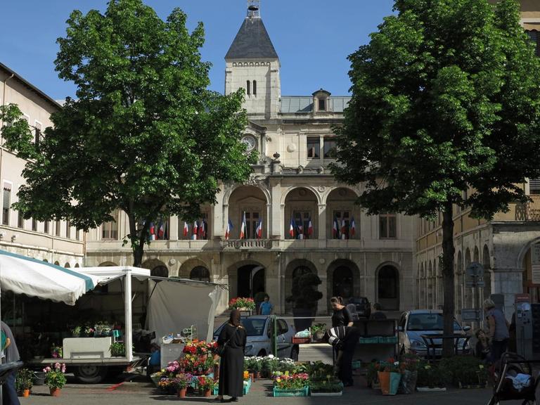 Vor dem Rathaus der Stadt Vienne an der Rhone ist ein Markt aufgebaut, aufgenommen am 10.05.2015.