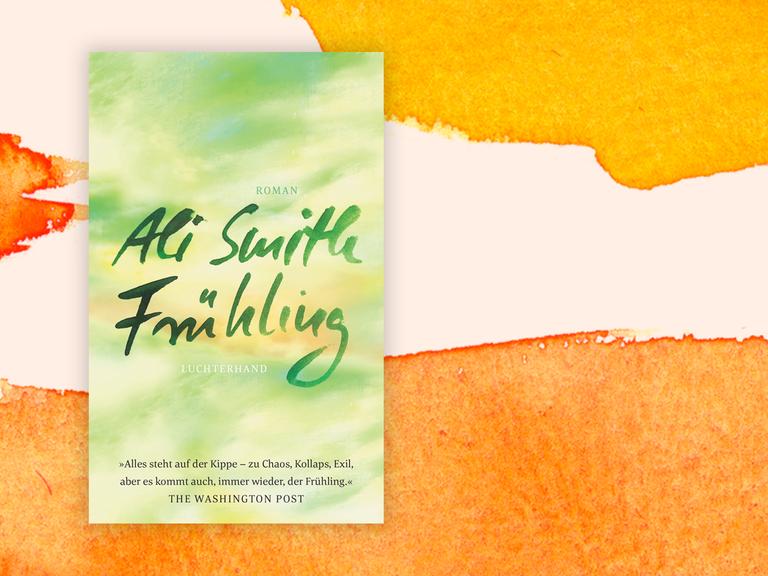 Das Buchcover "Frühling" von Ali Smith ist vor einem grafischen Hintergrund zu sehen.