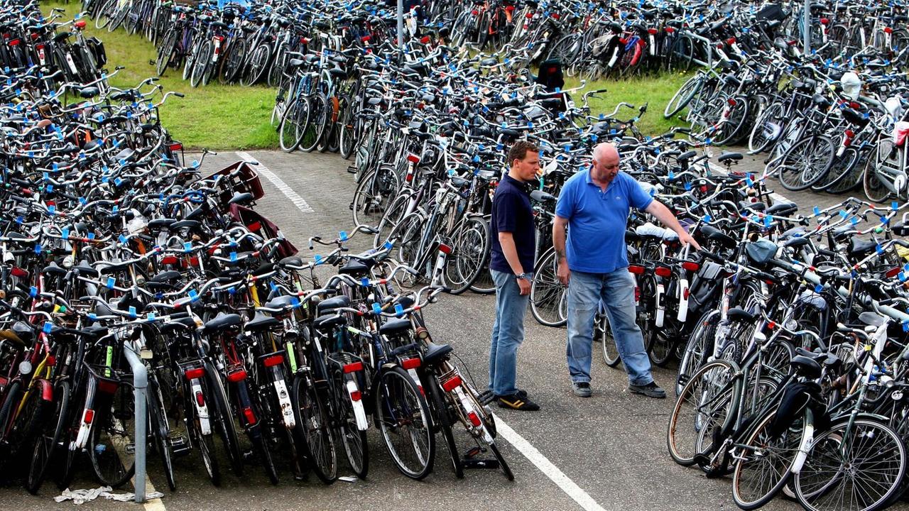 Ein Radfahrer sucht sein abgeschlepptes Fahrrad in einer Sammelstelle in Amsterdam