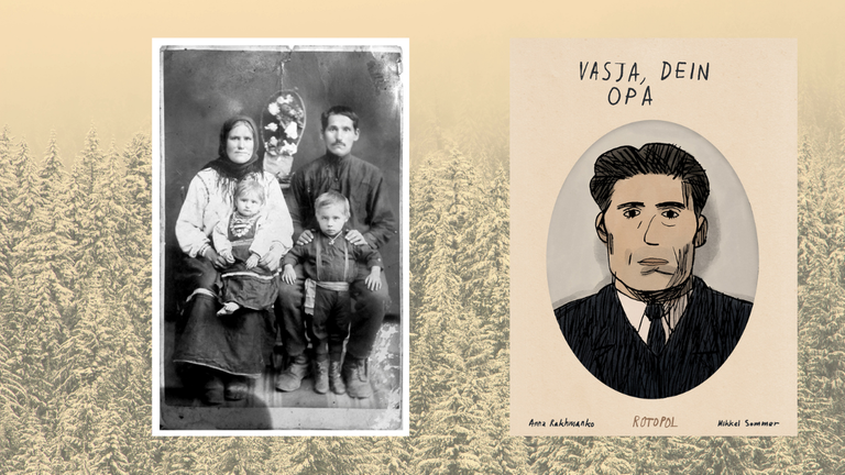 Das Buchcover von Anna Rakhmanko und Mikkel Sommer (Ill.): „Vasja, Dein Opa“ udn ein Familienfoto von Vasja als kleines Kind