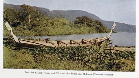 Das Bild zeigt ein kleines Boot aus Holz am bewachsenen Ufer der genannten Bucht.