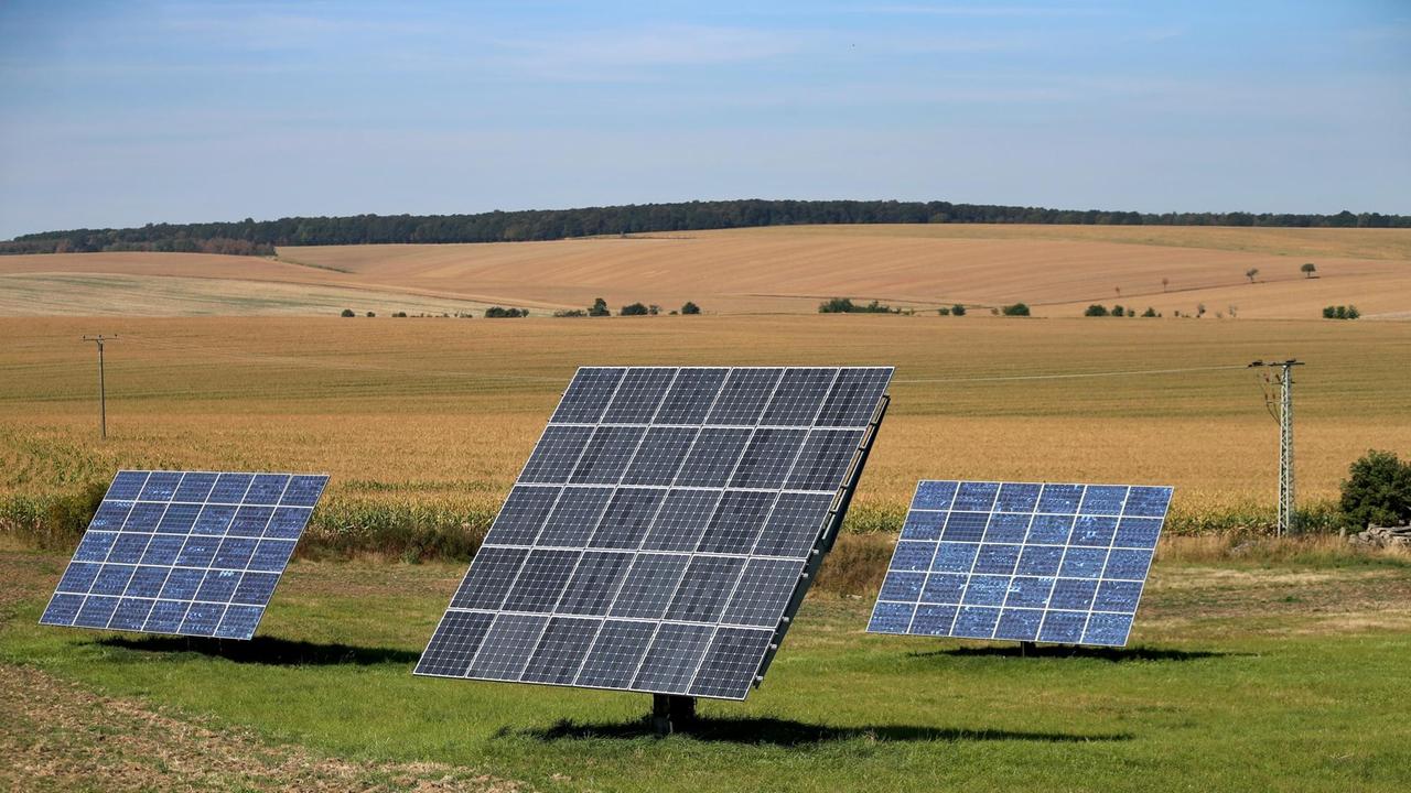 So genannte nachgeführte Solaranlagen stehen am 07.09.2016 auf einer Wiese in Farnstädt in Sachsen-Anhalt. 