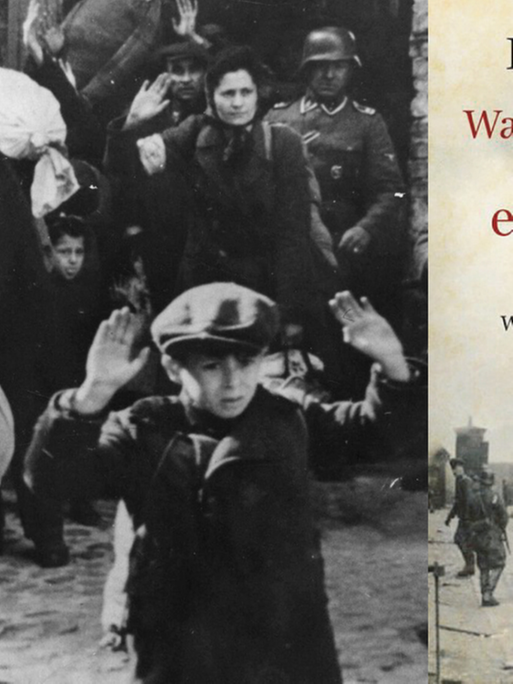 Buchcover von "Wann wird diese Hölle enden?" und eine Deportationsszene aus dem Warschauer Ghetto