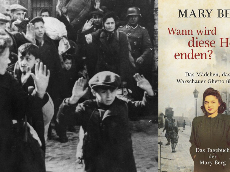 Buchcover von "Wann wird diese Hölle enden?" und eine Deportationsszene aus dem Warschauer Ghetto