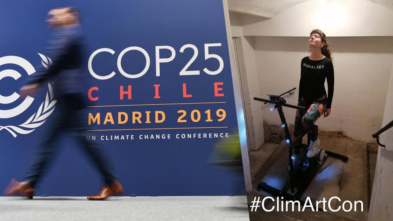 Eine Collage zeigt einen Teilnehmer der UN-Klimaschutzkonferenz in Bewegung vor dem Logo der Veranstaltung neben Gina, einer junge Frau im Sportoutfit, am Hometrainer strampeln.