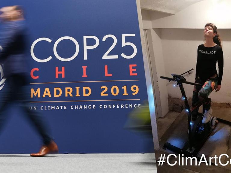 Eine Collage zeigt einen Teilnehmer der UN-Klimaschutzkonferenz in Bewegung vor dem Logo der Veranstaltung neben Gina, einer junge Frau im Sportoutfit, am Hometrainer strampeln.
