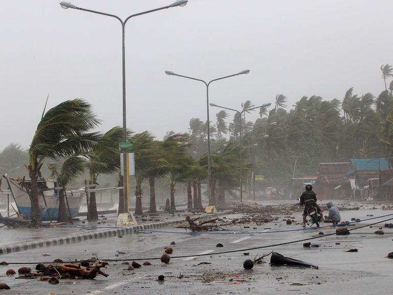 Der Sturm fegt über Palmen und eine Straße an einem Hafenkai, auf der Trümmer liegen. In der Ferne ein Motorradfahrer und ein Passant.