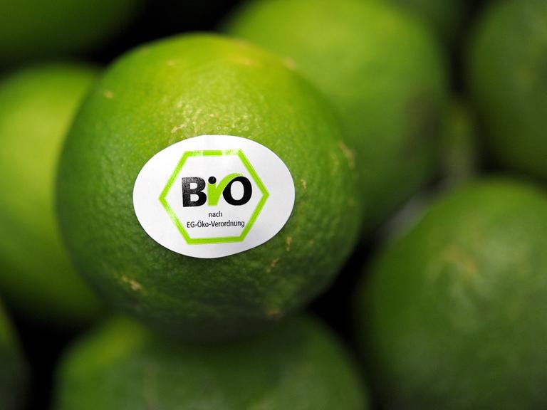 Zu sehen ist ein Haufen Limetten. Auf einer Limette befindet sich ein Aufkleber mit dem Bio-Siegel.