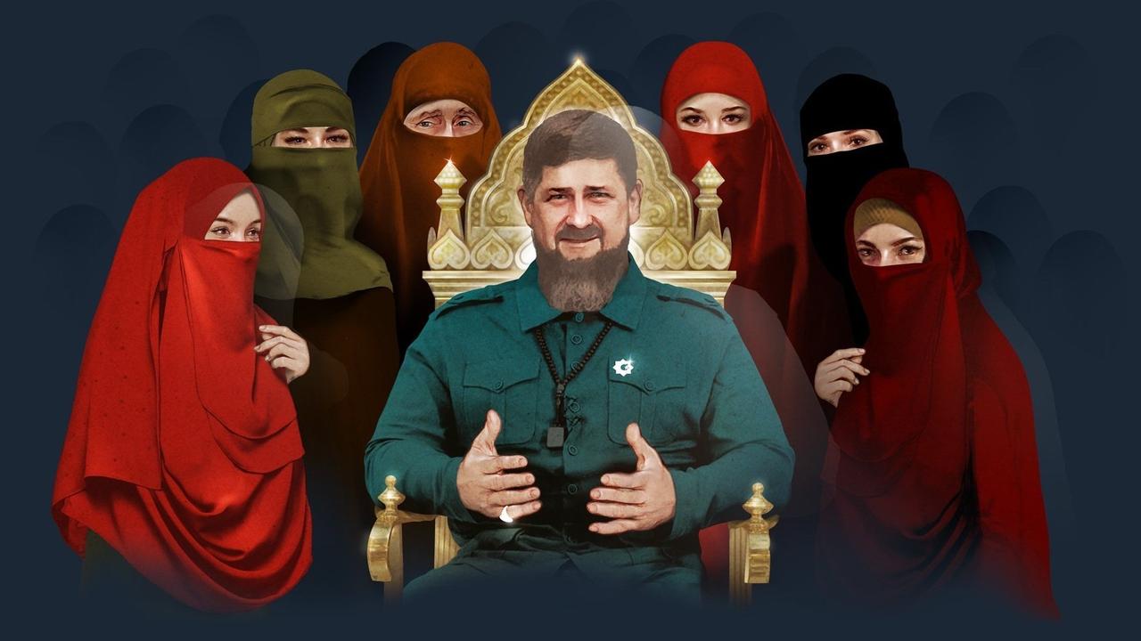 Illustration von Ramsan Kadyrow, umringt von Frauen mit Niqab.