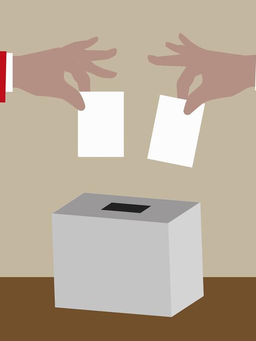 Eine Illustration zeigt einen roten und blauen Arm, die je einen Stimmzettel in eine Wahlurne stecken.