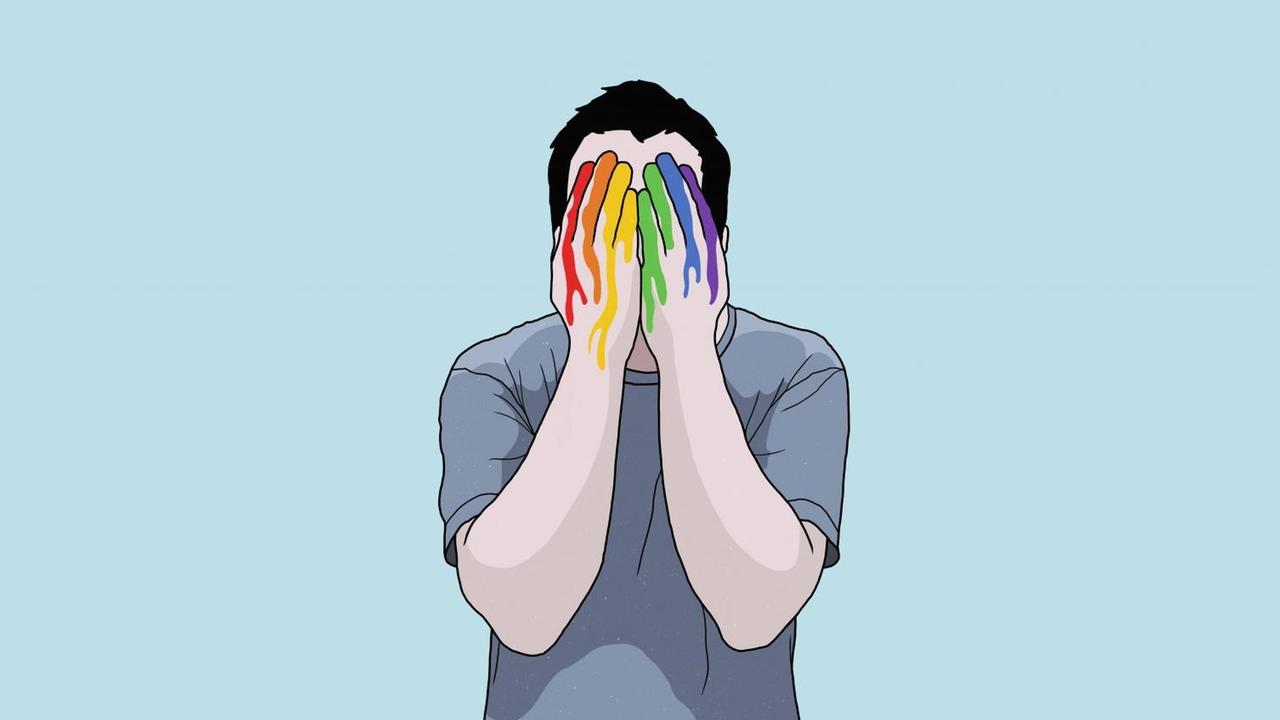 Eine Illustration zeigt einen Mann, der sein Gesicht mit den Händen verdeckt. Diese sind in Regenbogenfaben bemalt.