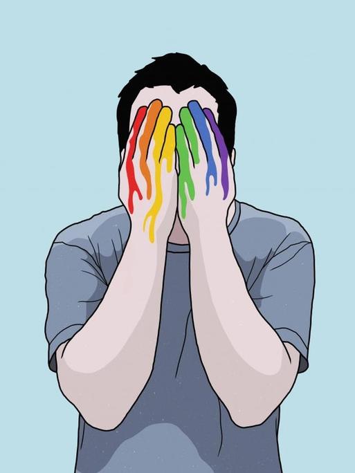 Eine Illustration zeigt einen Mann, der sein Gesicht mit den Händen verdeckt. Diese sind in Regenbogenfaben bemalt.