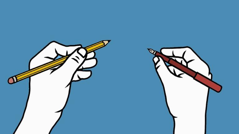 Illustration: Zwei Hände mit Stiften vor blauem Hintergrund.