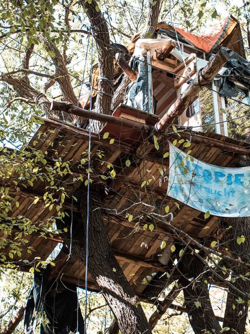 Ein Baumhaus im Hambacher Forst mit Regenbogenfahne und Transparent "Utopie braucht Freiheit"