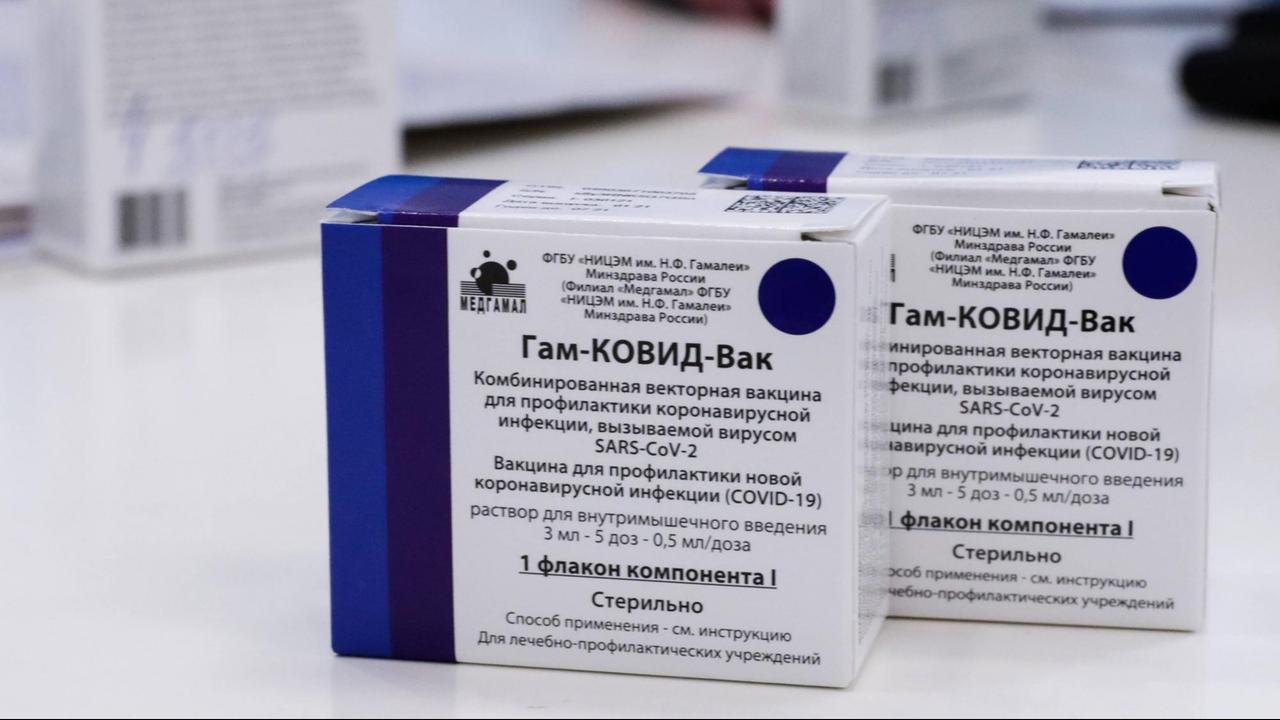 Das Foto zeigt zwei blau-weiße Medikamentenpackungen mit russischer Aufschrift, die den Covid-Impfstoff Sputnik V enthalten.
