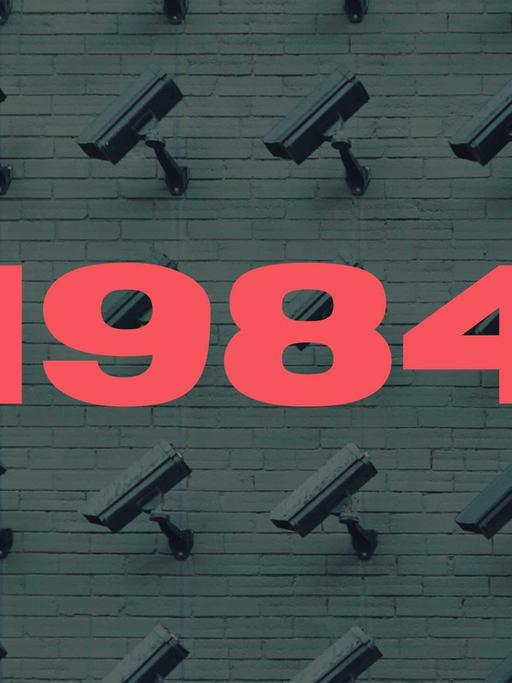 Die Zahl 1984 in roter Farbe. Im Hintergrund Überwachungskameras auf grünem Hintergrund. 