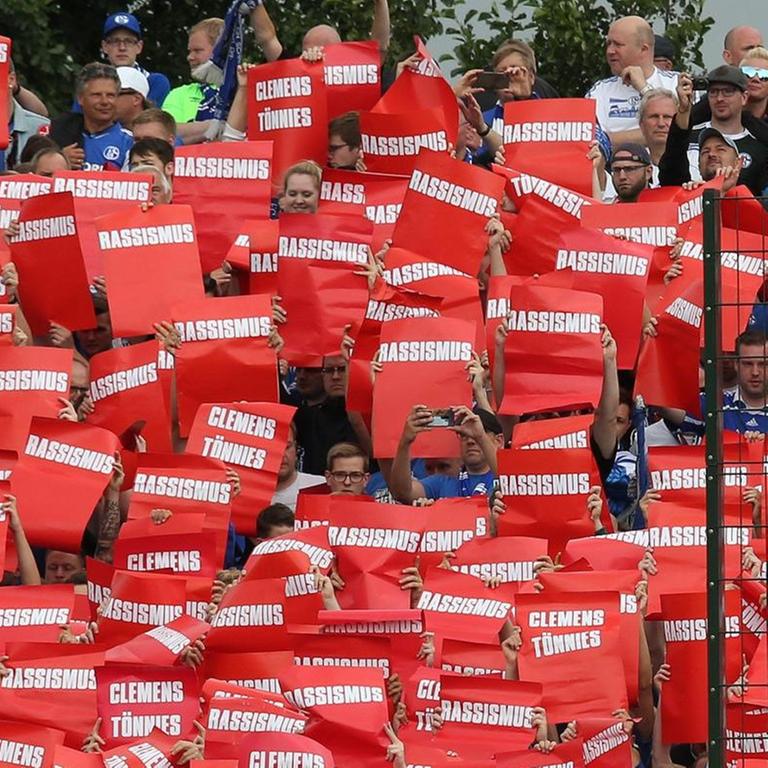 Fans des FC Schalke 04 halten beim Pokalspiel in Drochtersen/Assel Plakate gegen Clemens Tönnies mit der Aufschrift "Wir zeigen Rassismus die Rote Karte".