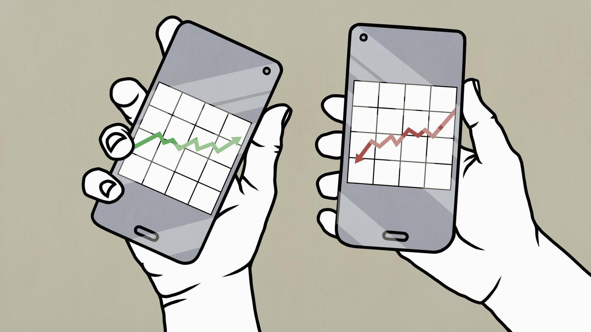 Illustration von zwei Händen, die ein Smartphone in die Höhe halten. Eins zeigt ein Diagramm mit aufsteigendem Pfeil, das andere einen absteigenden Pfeil.