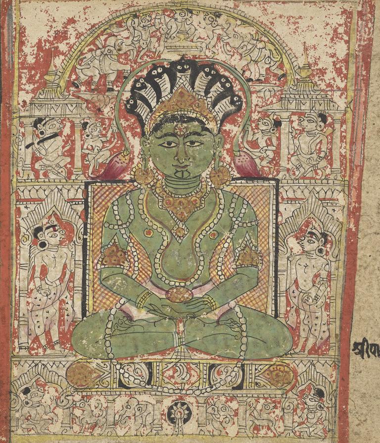 Der Ausschnitt einer Kalpasutra-Manuskriptseite zeigt Parshvanatha, den 23. Tirthankara. Patan, Gujarat, um 1375