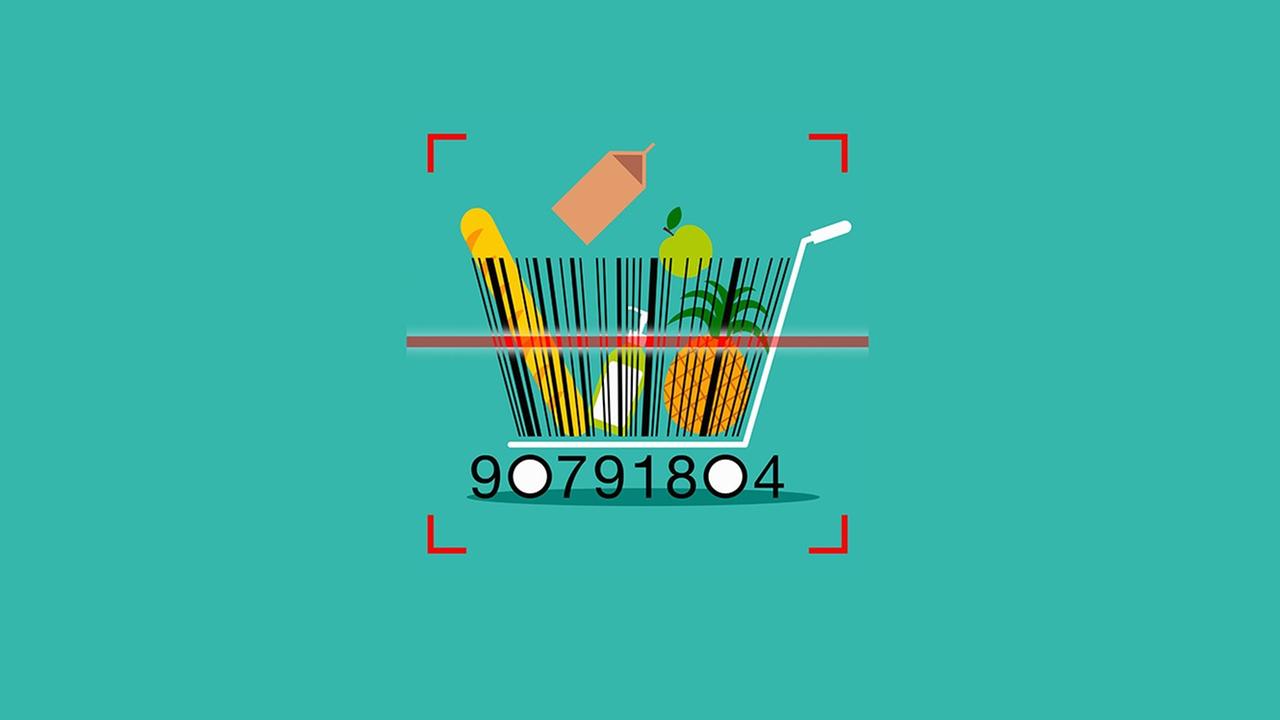 Eine Illustration zeigt einen Einkaufswagen in Form eines Barcodes vor grünem Hintergrund.