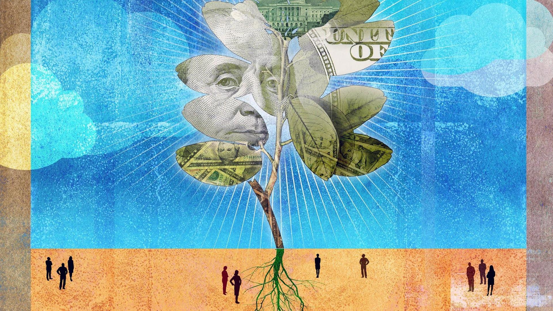 Illustration eines Baumes der aus Dollarnoten wächst.