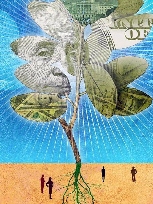 Illustration eines Baumes der aus Dollarnoten wächst.