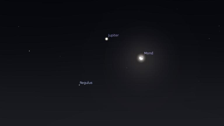 Jupiter, Mond und Regulus heute Abend gegen 23 Uhr