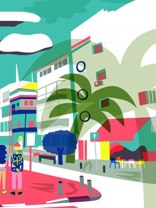 Auf der Illustration aus dem Buch "Mit dem Bauhaus um die Welt" ist eine Straßenszene in Tel Aviv gezeichnet.