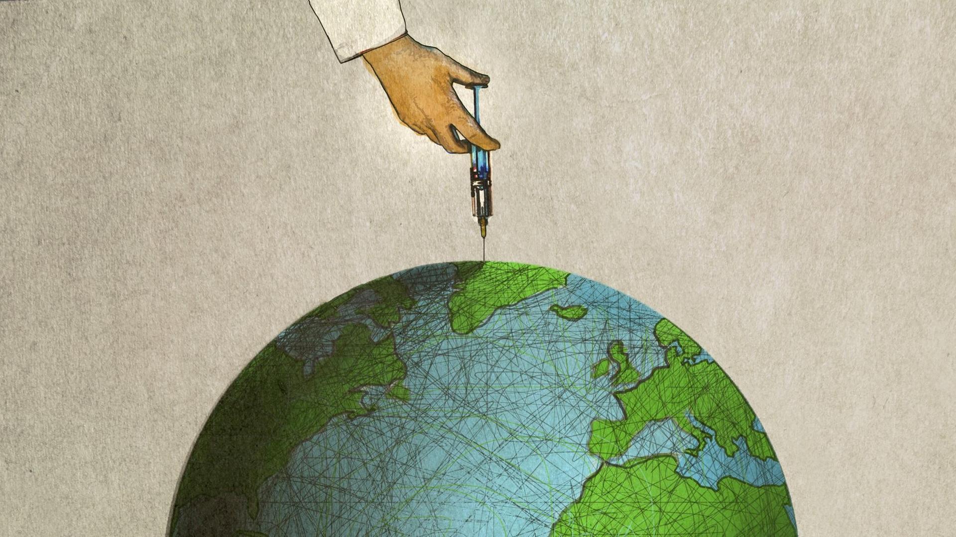 Illustration: Eine Hand mit Spritze injiziert in einen Globus.