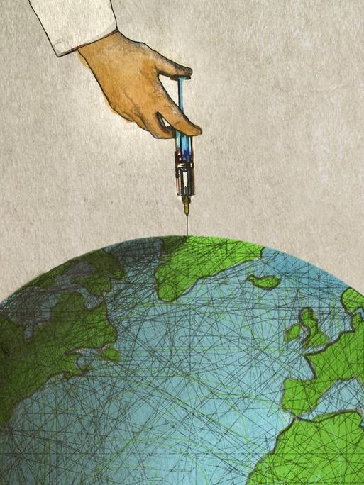 Illustration: Eine Hand mit Spritze injiziert in den Globus.