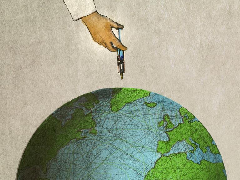Illustration: Eine Hand mit Spritze injiziert in den Globus.