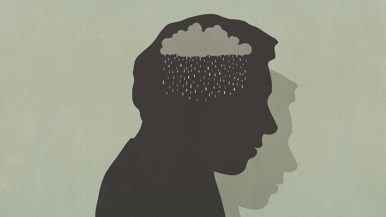 Silhouette einer Person in deren Kopf sich eine Regenwolke abzeichnet (Illustration)